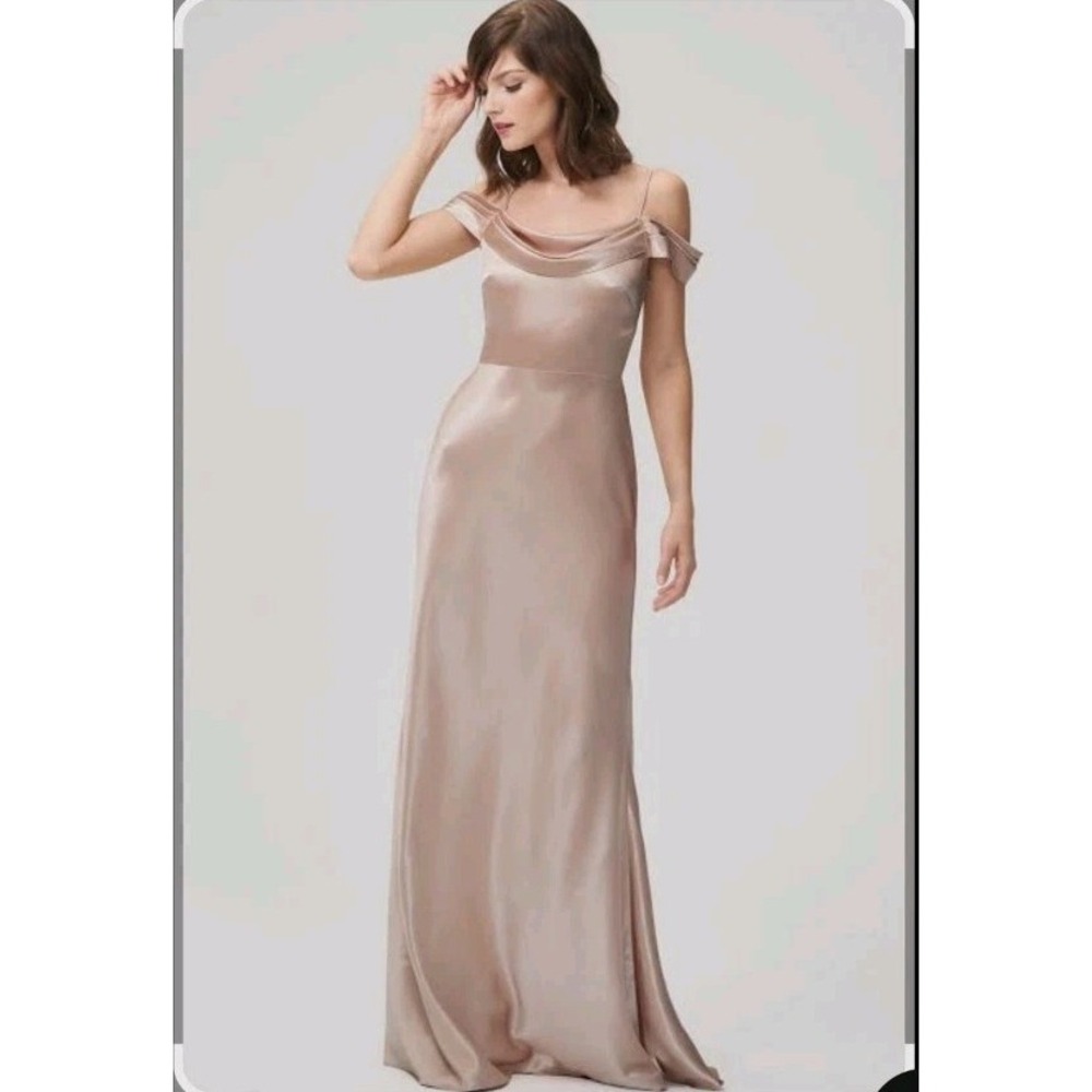 Jenny Yoo Collection Gown Womens 6 Champagne Good Cold Shoulder Satin Maxi Dress